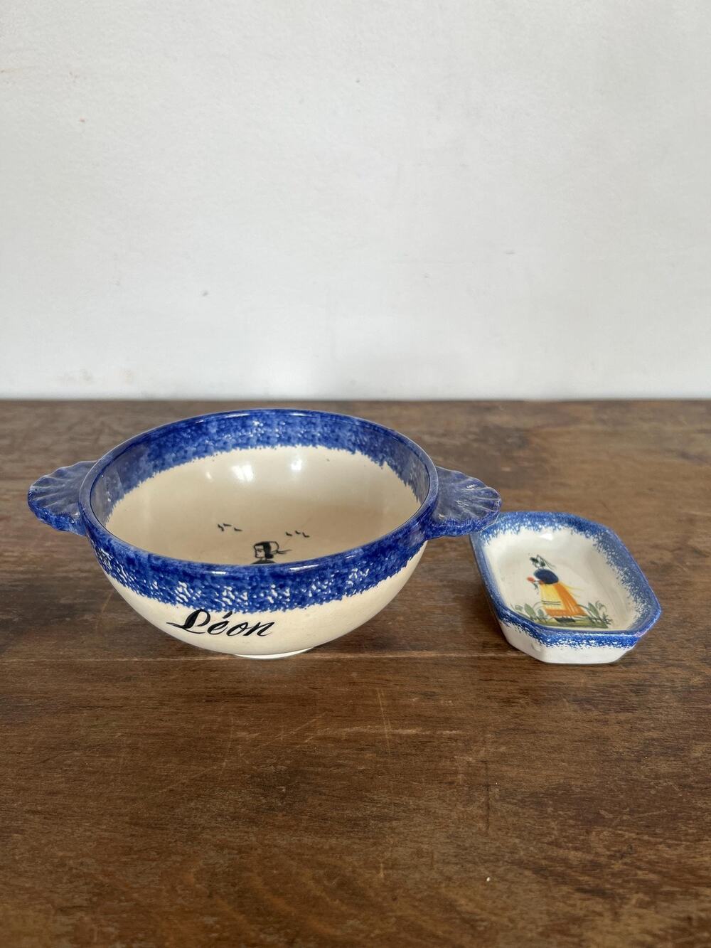 Antique Signed Quimper Hand-Painted Faience Bowl and Ramekin Set, Bol Breton
